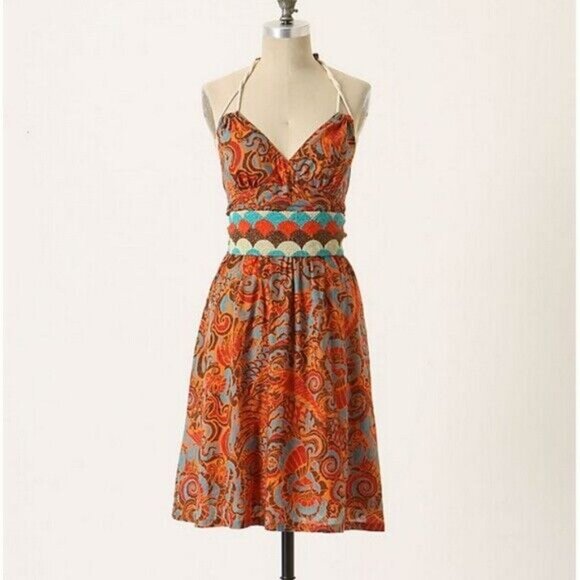 Moulinette Soeurs Island Holiday Dress Orange Size 2 V Neck Halter Anthropologie - Picture 3 of 7